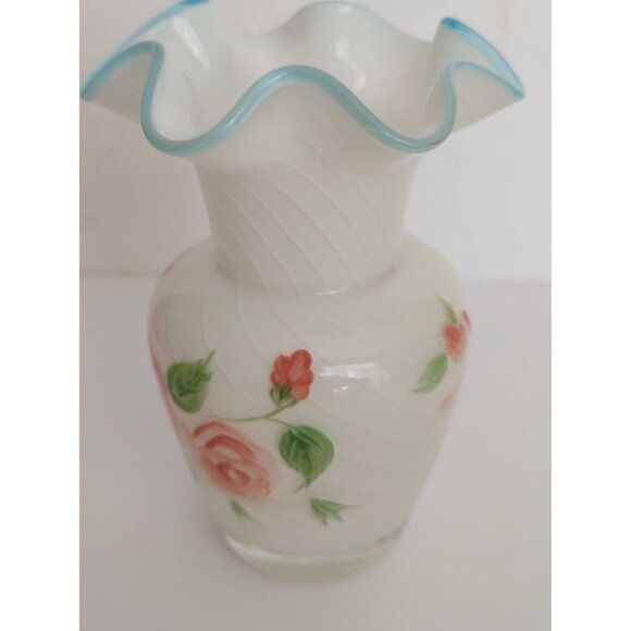 Fenton Designed Teleflora White Opalescent Vase Blue Crest Ruffled Hand Painted - Picture 11 of 11